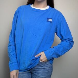 NORTH FACE men’s bright blue long sleeve logo back crewneck 100% cotton sz large